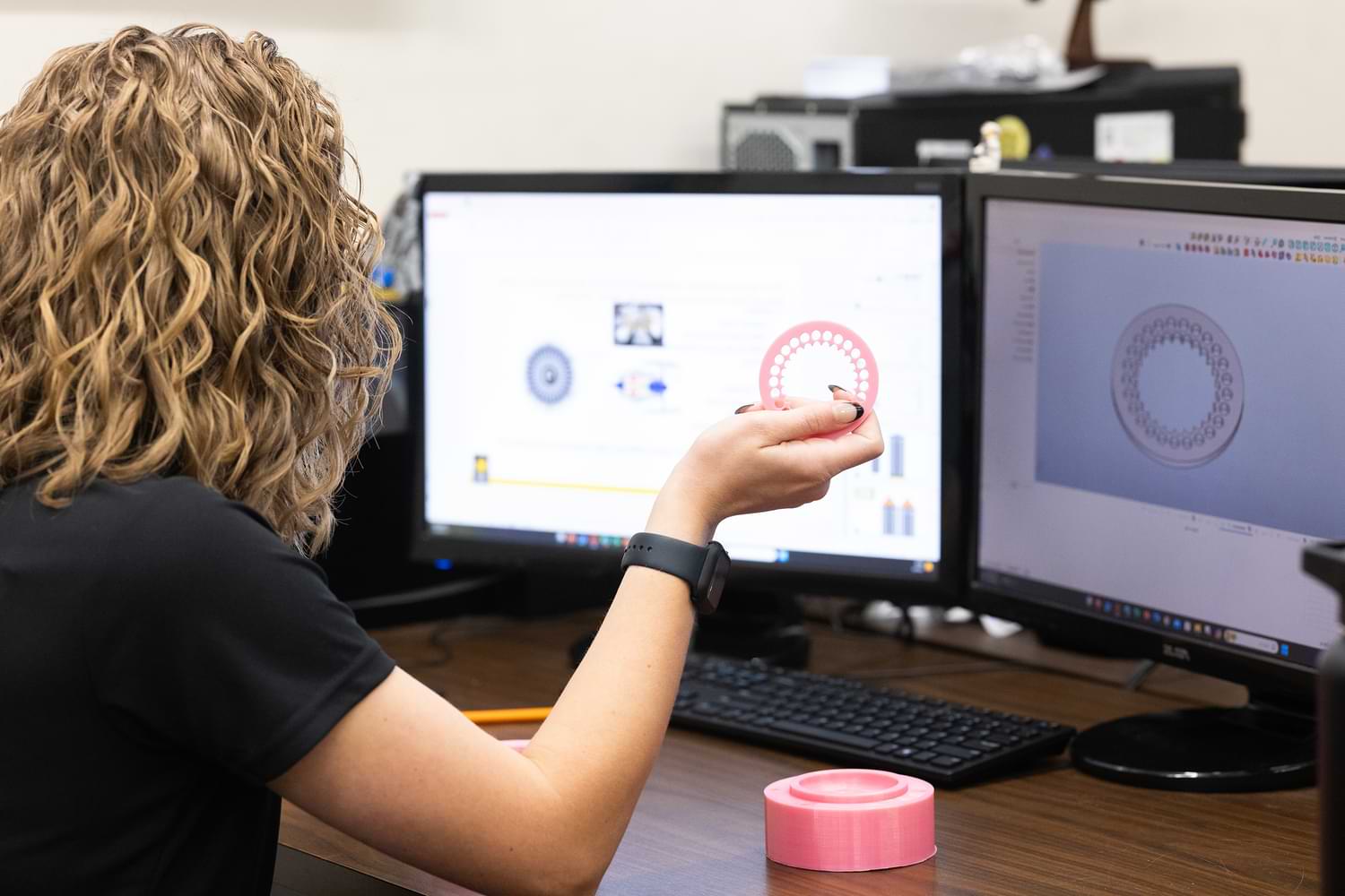 Researcher using a desktop computer with dual monitors.